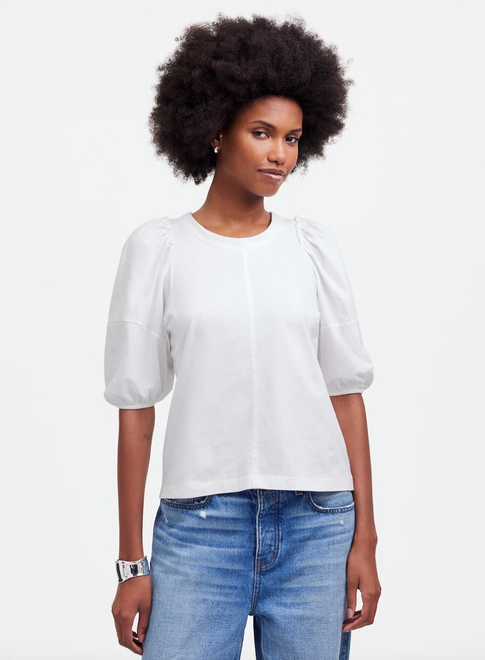 Madewell Puff Sleeve Tee Shirt Cotton Top Relaxed Minimalist Eyelet White S NWT
